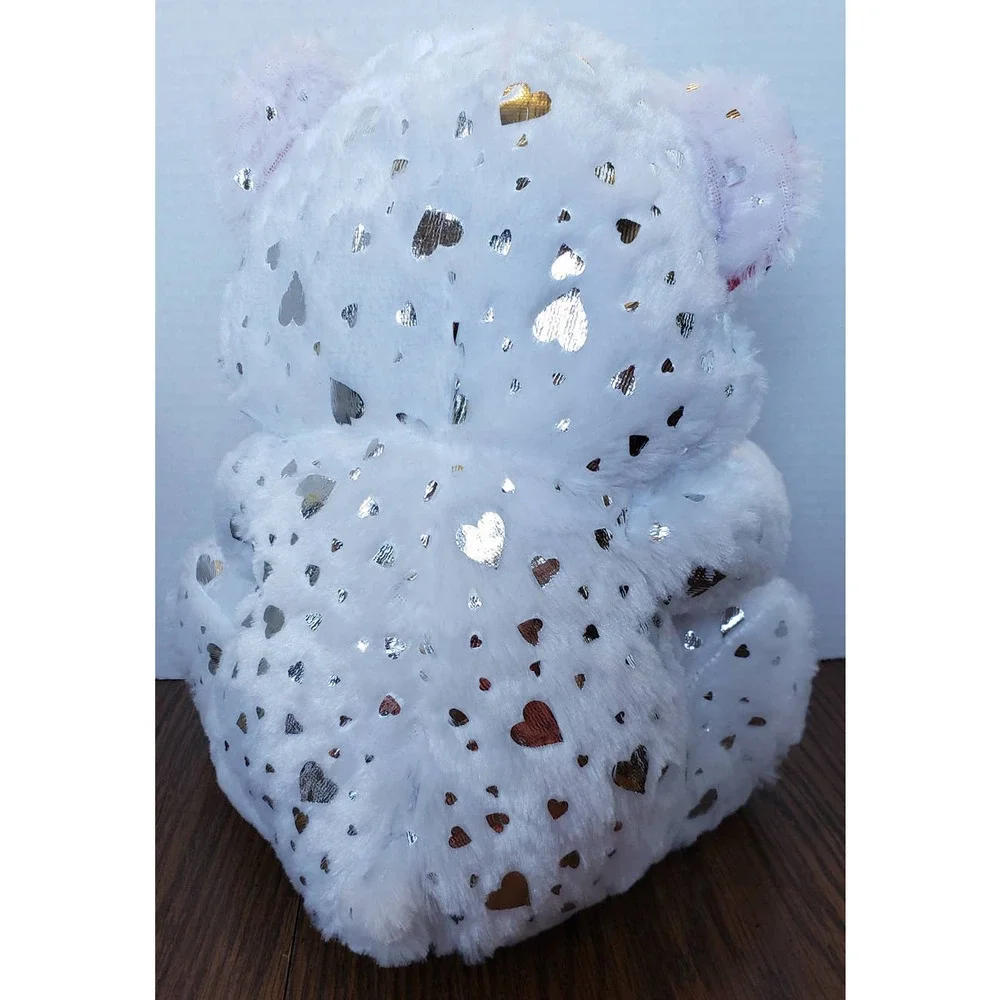 White With Silver Hearts 11 Inch Love Heart Plush Teddy Bear New With Tags